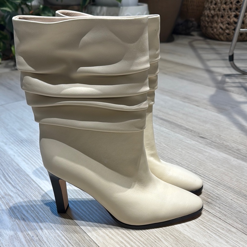 PAIGE Cream Heeled Boots with Slouchy Design